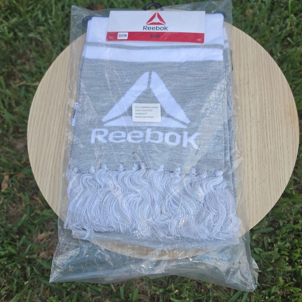 Reebok Rally Scarf Light Grey White Logo Knit Fringe RBW123WM OSFM NEW